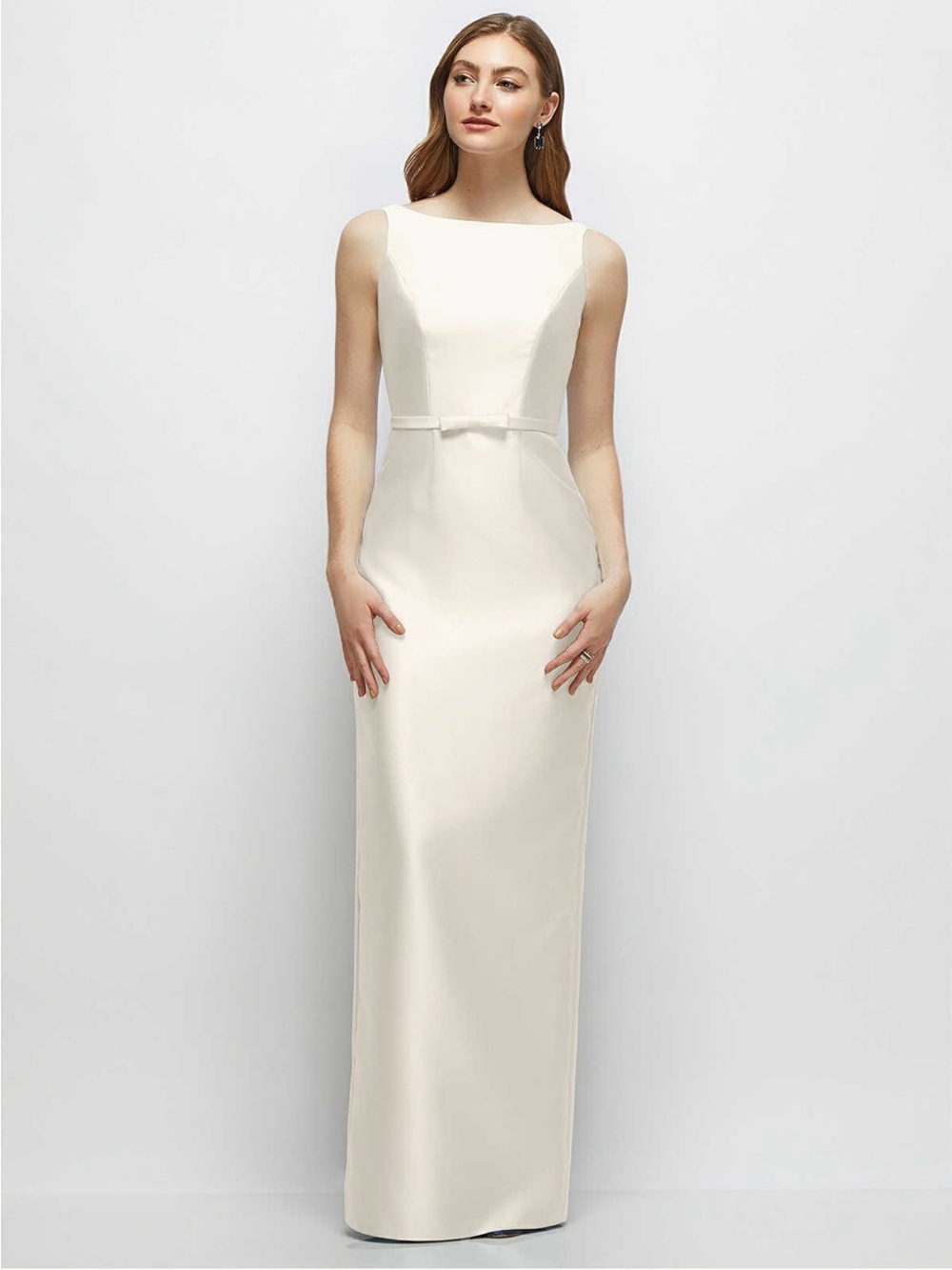 ALFRED SUNG ivory Satin Strap Gown with Waist Bow